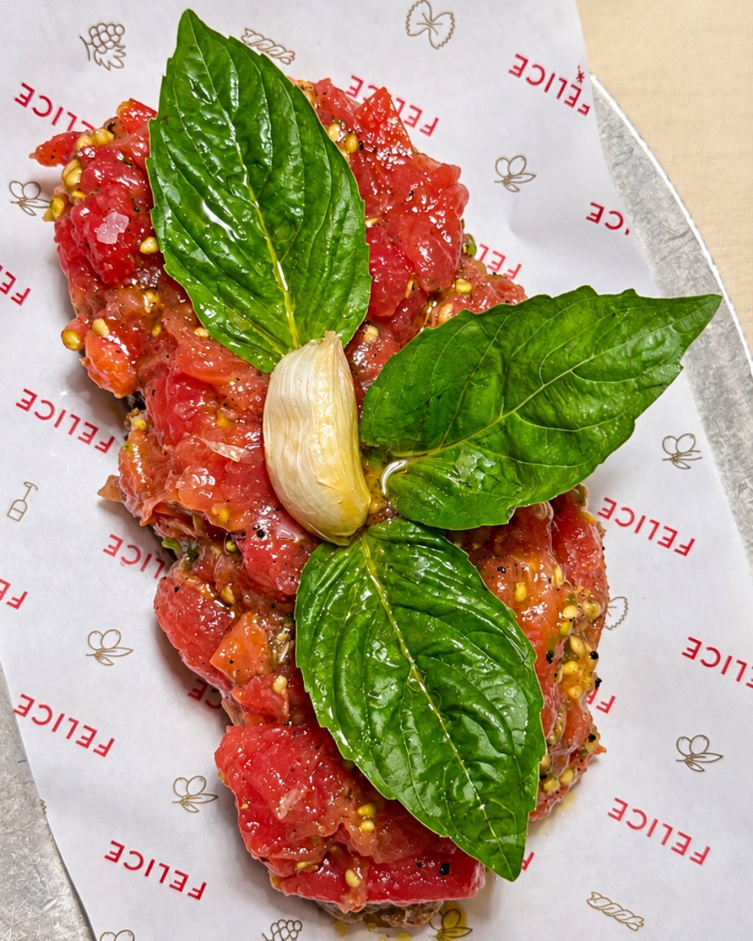 Bruschetta with ripe tomatoes, garlic and basil at Felice Port Chester