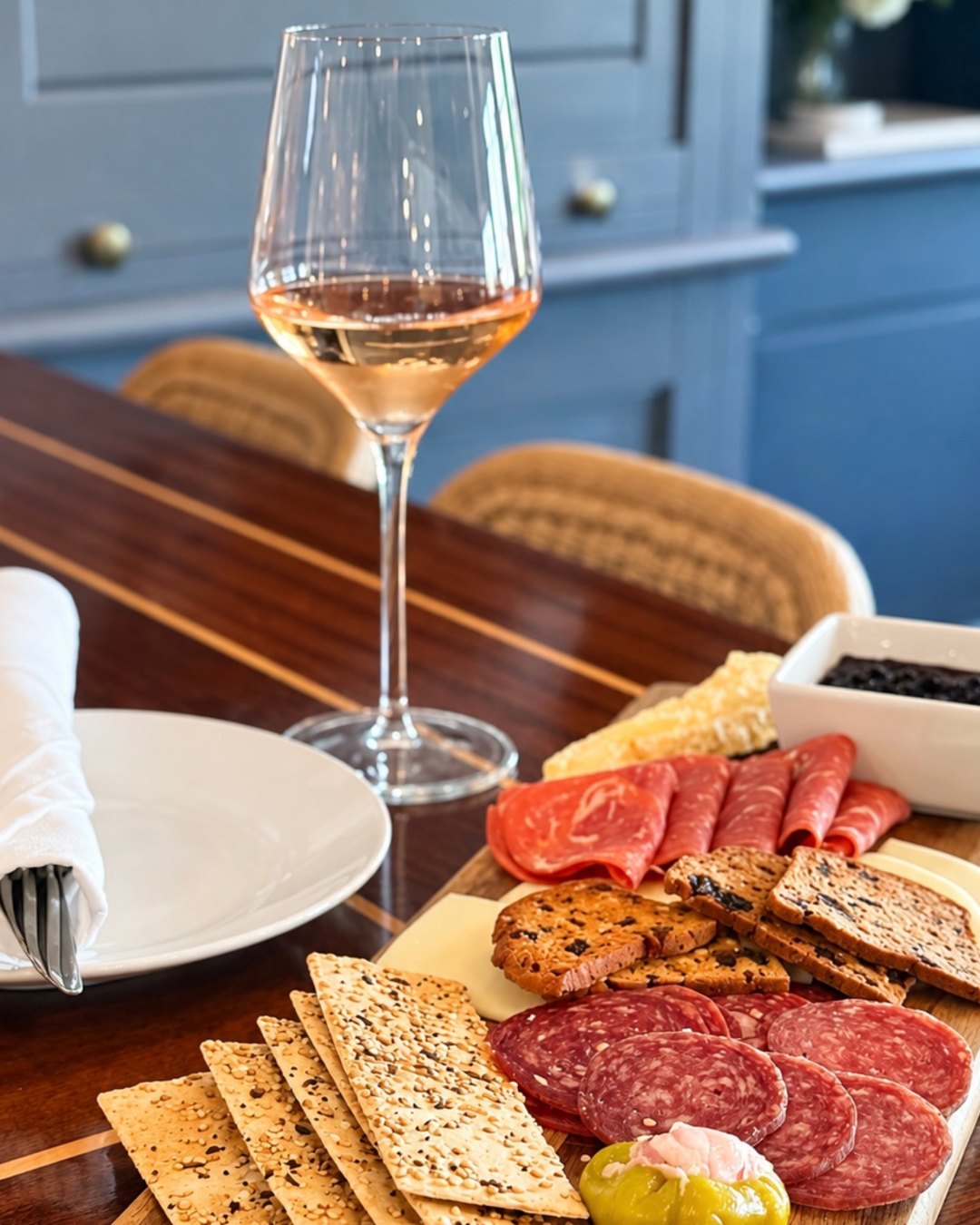 Charcuterie board and a glass of rosé at the Nantucket Inn bar