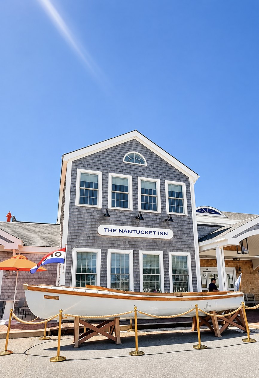 The shingled front of The Nantucket Inn with a white wooden boat on display out front