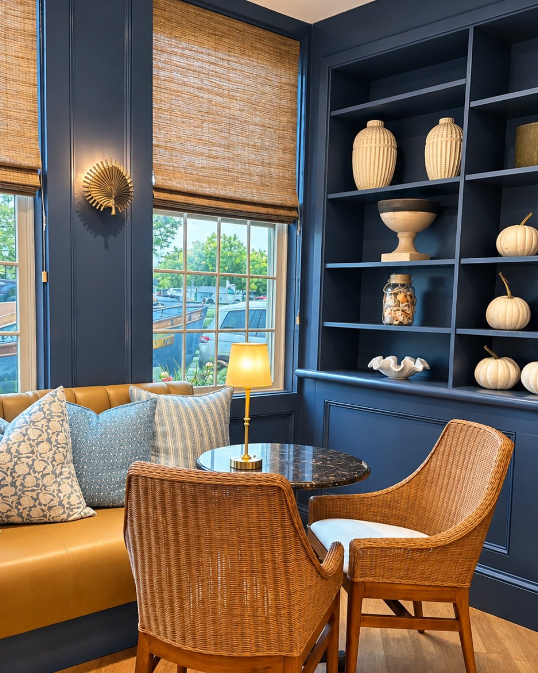 A navy library nook with wicker chairs and built-in shelves at Nantucket Inn
