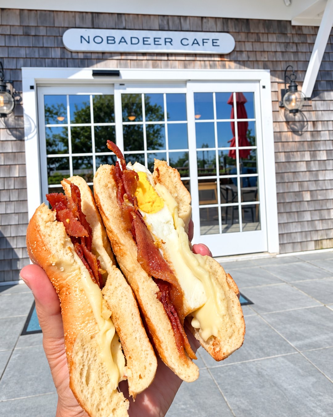 A bacon, egg and cheese bagel held up outside Nobadeer Cafe at Nantucket Inn